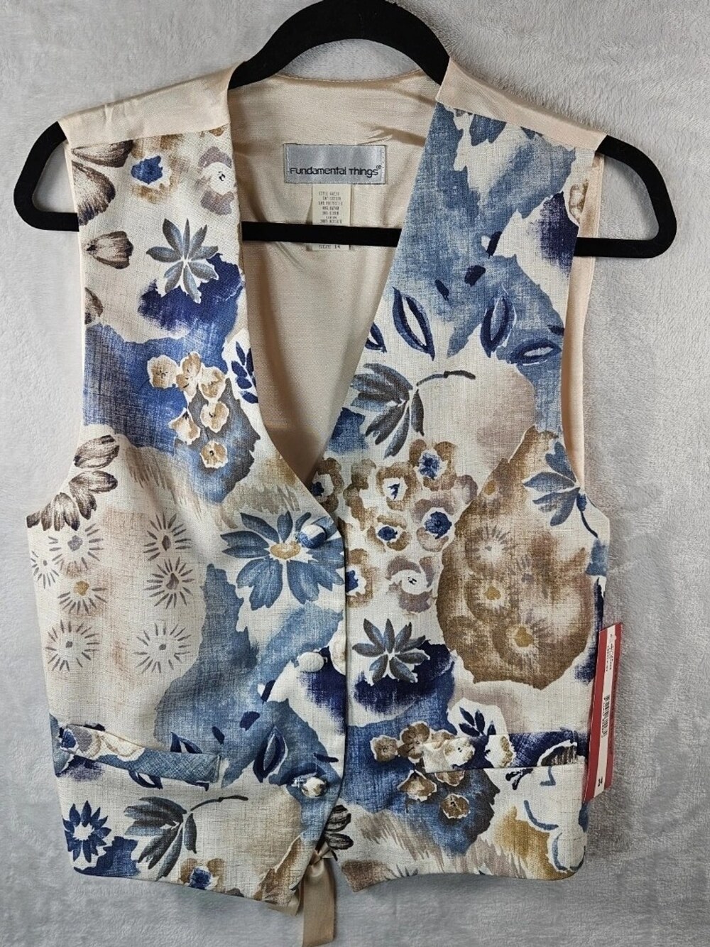 Fundamental Things Vest Blue Floral Print V-Neck Tie Back Womens Sz 14 Boho